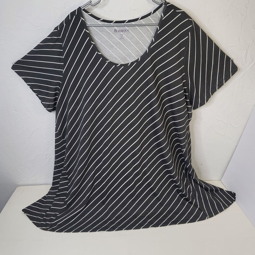 Roaman’s 4X 34/36 Black White Diagonal Stripe 100% Cotton Tunic Top Side Panels